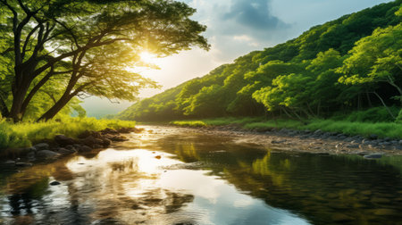 golden sunlight illuminates the picturesque wolding river in korea, creating a mesmerizing reflection. the hancheongnam region adds to the beauty with its nature-inspired motifs and vibrant shades of light green and green. captured with a nikon f2 camera, this 32k uhd photograph showcases an eye-catching composition that highlights the talent of the professional photographer. discover the captivating allure of this manapunk-inspired image on unsplash. aiの素材