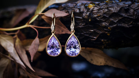 purple amethyst earrings set in gold, capturing the essence of realistic still lifes with dramatic lighting. this uhd image showcases a light azure background, taken with a fujifilm natura 1600. the earrings evoke a romantic riverscape, with a luminescent color scheme that adds an exquisite touch. ai generatedの素材