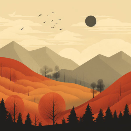autumn landscape featuring trees and birds, showcasing graphic design-inspired illustrations. the image portrays layered and atmospheric landscapes with mountainous vistas. the color palette consists of dark orange and light gray, creating a captivating visual contrast. this editorial illustration captivates with bold color fields and intricate details in the skies. ai generatedの素材