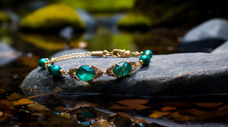 emerald green stone bracelet resting on a sleek black rock, captured beautifully with a nikon d750. this enchanting photo showcases an art nouveau influence, with its captivating blend of gold and azure tones. the sparkling water reflections add a touch of magic, creating a fairy tale-like ambiance. the traditional color scheme further enhances the overall allure of this captivating image. ai generatedの素材