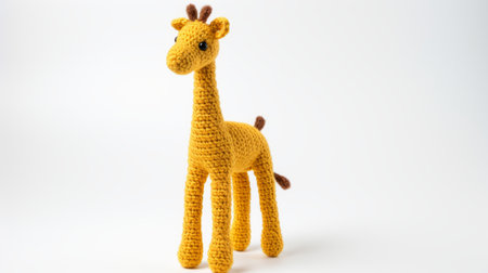 a small crochet giraffe is showcased on a white background. the giraffe is crafted in a dark yellow, organic material, featuring nature-based patterns. the photo is captured in 32k uhd resolution, highlighting the intricate details of the tangible texture. the giraffe's design embodies elements of manapunk, with bold colors and strong lines adding to its unique appeal. ai generatedの素材