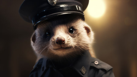 critters dressed up as a police officer in this hyperrealistic image. the soft focus romanticism style, along with post-processing techniques, enhances the detailed features of the critters. this uhd image showcases the intricate details, thanks to the intel core processor. the color palette of dark purple and beige adds a touch of sophistication. created by artist serge marshennikov. ai generatedの素材