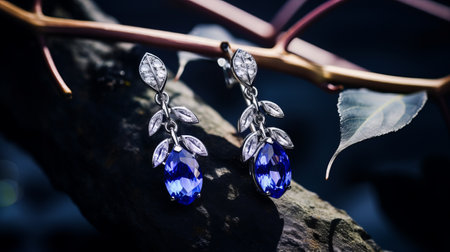 stunning blue tanzanite earrings by sasanita ditalia, featuring highly detailed foliage in a dynamic outdoor shot. the photo, taken with a nikon d750 by charles spencelayh, showcases the light purple and white asymmetric designs, exuding classic elegance. ai generatedの素材