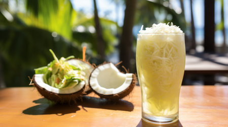 a refreshing coconut drink sits next to a beautifully presented salad, both captured up close in this photograph. the light yellow and white tones create a visually pleasing composition, highlighting the intricate textures of the ingredients. this image exudes a vacation dadcore vibe, with layered complexity and romanticized views. it also incorporates elements of firecore and verdadism. ai generatedの素材