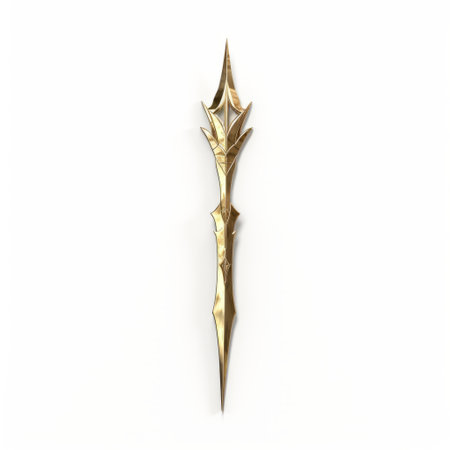 a golden weapon with an eye placed on top, featuring realistic fantasy style. the weapon is set against a white background and showcases thin steel forms. the design incorporates elements of dragoncore, as well as sophisticated ornamentation. the weapon appears precise and sharp, reflecting the craftsmanship of artist ray collins. ai generatedの素材