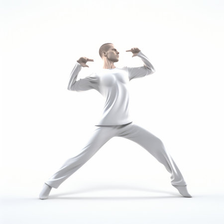a young boy is performing an exercise while holding a white arm in this highly stylized and comical choreography stock photo. the image showcases elements of oriental minimalism and aluminum, with a touch of photorealistic pastiche. the boy's graceful movements and the overall stylized figures create a visually captivating scene in the style of zbrush. ai generatedの素材