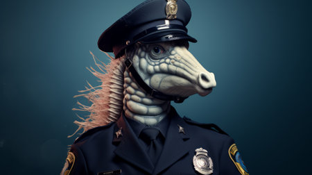 a man wearing a police uniform with a horse head, showcasing a unique hybrid creature composition. this captivating image, created using cinema4d by the talented artist john wilhelm, combines elements of cobra, sharpprickly, and iconic pop culture caricatures. discover this intriguing artwork on flickr. ai generatedの素材