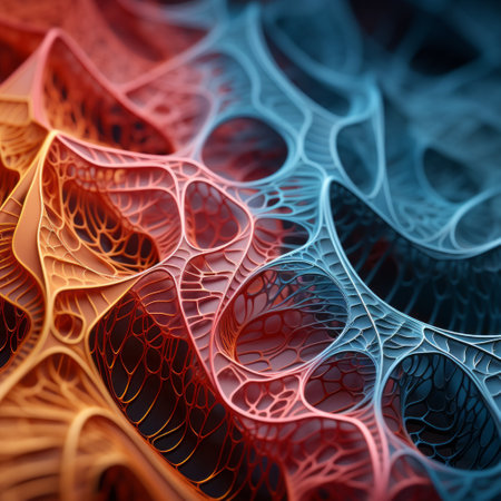 a close-up photo of a red, orange, and blue structure resembling infinity nets. the layered organic forms are depicted with realistic hyper-detailed rendering, achieved through focus stacking. the colors range from light pink to dark cyan, creating a visually striking composition. the image evokes the aesthetic of scientific illustrations, with richly detailed backgrounds. ai generatedの素材