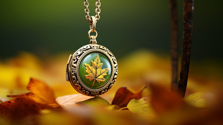 the necklace showcases a beautifully crafted leaf pendant adorned with vibrant autumn leaves. its design incorporates elements of vignetting and layered images, reminiscent of the artistic style found in green academia. the necklace is set against a richly detailed background, reminiscent of a national geographic photo. its light gold hue adds a touch of elegance to this high-definition image. ai generatedの素材