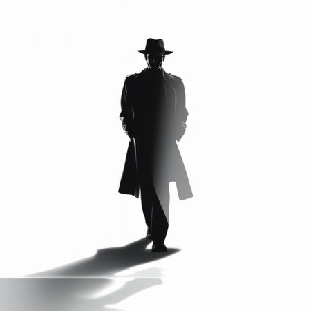 a silhouette of a man, inspired by the master of shadows and film noir, stands against a white background. this artistic portrayal incorporates jewish culture themes and showcases digitally enhanced techniques. created by ron arad, the image captivates with its layered translucency, making it a perfect choice for editorial illustrations. ai generatedの素材