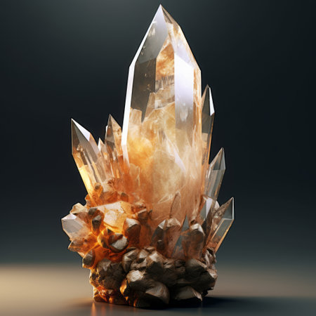 a three-dimensional crystal sculpture crafted from brown metal and adorned with black crystals, inspired by the artistic style of zbrush. the sculpture is illuminated with soft white and light orange lighting, creating a captivating contrast. this high-resolution image by kim keever showcases the crystal's dark orange and gold hues, evoking a sense of spiritual core. the overall composition is crisp and clean, highlighting the intricateの素材