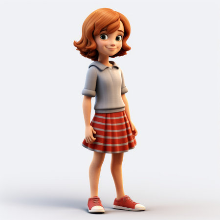 a 3d rigged female character with brown hair is depicted in this studio portrait. she is wearing a plaid skirt and her distinctive character design is reminiscent of disney animation. the style of the artwork is inspired by the rinpa school, showcasing a vibrant, lively, and humorous tone while capturing a child-like innocence. ai generatedの素材