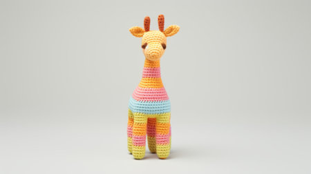 pink giraffe crochet toy with a minimalistic design featuring horizontal stripes in light yellow and dark orange. created by mandy disher, this adorable toy showcases precise detailing and is made in the style of dark yellow and light azure. the multi-colored design adds a vibrant touch to this unique creation. ai generatedの素材