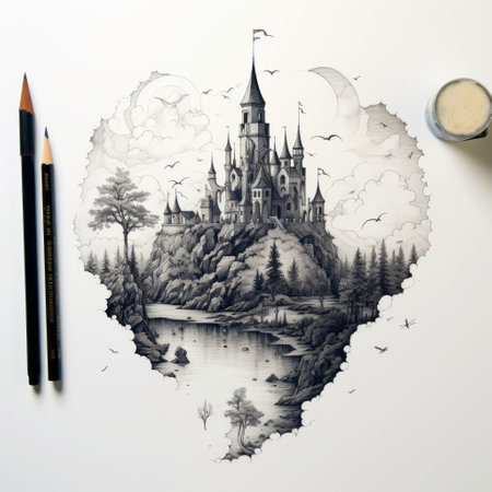 the photo showcases a hyperrealistic illustration featuring a castle and an umbrella. the monochromatic symmetry adds a whimsical touch to the scene, with dark white and dark gray tones creating a captivating atmosphere. the realistic anamorphic art highlights intricate details, including the foliage, while evoking a sense of enchantment reminiscent of fairy tale illustrations. ai generatedの素材