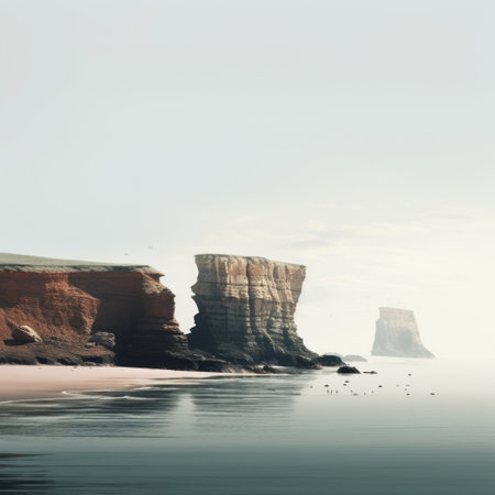 the photo captures the reddish-orange cliffs near the water, reminiscent of the style of philip mckay. the colors of light aquamarine and beige create a photorealistic rendering of the australian landscape. this national geographic photo showcases a nostalgic minimalism, reminiscent of the works of andreas rocha. ai generatedの素材