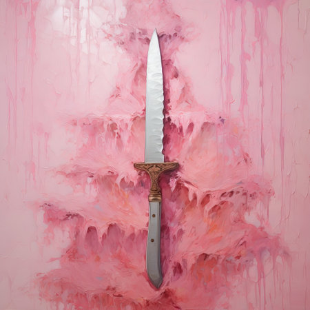 a french knife, depicted in a 2014 acrylic on canvas artwork, showcases a realistic fantasy scene with a touch of light bronze and pink hues. the painting features a unique paint dripping technique, creating an epic fantasy atmosphere. the heavy impasto texture adds depth to the artwork, while the cloudpunk style and sculpted elements enhance its visual appeal. ai generatedの素材