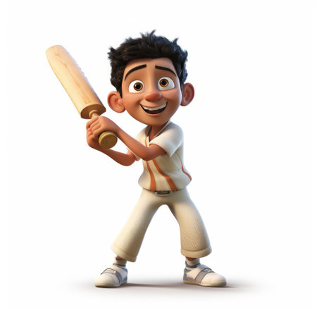 an animated boy, inspired by indian pop culture, is depicted holding a bowler baseball bat. this highly detailed figure is brought to life using unreal engine 5, showcasing light white and light beige tones. the graphics resemble those of xbox 360, while the overall composition resembles pictorial storytelling and children's book illustrations. ai generatedの素材