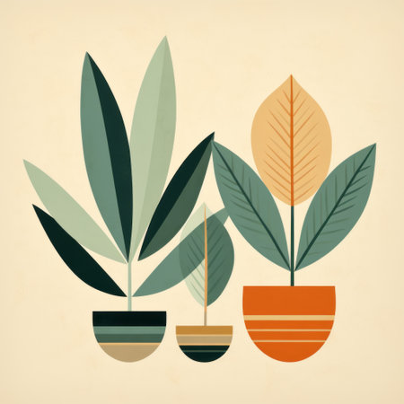three plants with vibrant colored leaves are showcased in this vintage poster-style illustration by james gilleard. the mid-century inspired artwork features a balanced symmetry, with pots in light brown and teal hues. this digital illustration captures the essence of retro aesthetics while highlighting the beauty of nature. ai generatedの素材