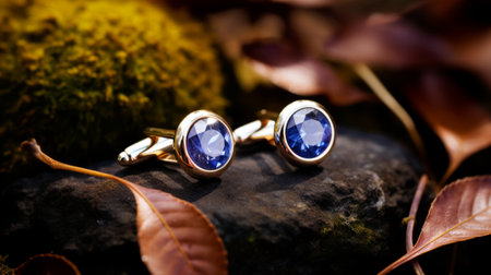cufflinks with a stone setting rest on a rock, surrounded by leaves. this ultraviolet photograph by jindrich styrsky showcases a limited color range, with a striking combination of gold and blue hues. the image captures the exacting precision of the cufflinks, with their light gold and dark azure tones. a high-quality photo that exudes elegance and style. ai generatedの素材