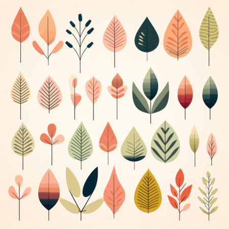 a set of autumn leaves on a beige background, featuring mid-century illustration style with simplified forms and shapes. the image creates a soft and dreamy atmosphere with a flat perspective. the colors used are light pink and dark orange, reminiscent of vintage imagery. the playful and colorful depictions add a vibrant touch to the composition. ai generatedの素材