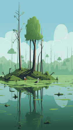 an island illustration featuring a cluster of trees and water, designed in a cartoonish style with clear and precise bird art. this 32k uhd image showcases evocative environmental portraits and a panoramic scale. the artwork embodies the unique aesthetic of duckcore, with a prominent focus on wood elements. ai generatedの素材