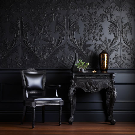 the antique black wall is adorned with a wallpaper featuring intricate foliage, complemented by a chair and side table. this uhd image captures the essence of classical still life, with elements of embossed paper and australian tonalism. the sculptural reliefs and rococo-inspired design add a touch of elegance to the overall composition. ai generatedの素材