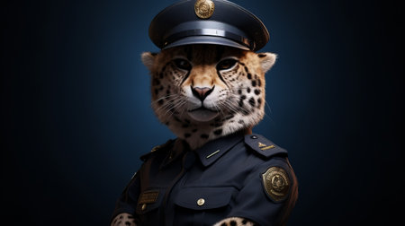 a police officer wearing a leopard shirt stands out in this photorealistic surrealism artwork. created using cinema4d, the piece showcases realistic animal portraits, fiberpunk elements, hyper-realistic water, and simplistic characters. the artist skillfully employs photo-realistic techniques to bring this unique composition to life. ai generatedの素材
