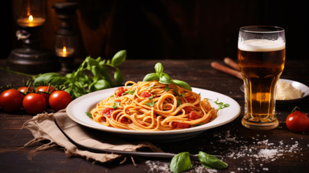 a plate of delicious spaghetti topped with tomatoes, accompanied by a glass of wine and a flickering candle, is beautifully captured in this photograph. the precisionist lines and 8k resolution enhance the pop-culture-infused, provia, bardcore aesthetic, showcasing the unpolished authenticity and rustic charm of this culinary masterpiece. ai generatedの素材