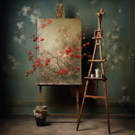 an easel and paintings are set in the painting room, showcasing intricate and delicate flower and garden paintings in the style of cherry blossoms. influenced by pictorialism, the artworks feature a combination of dark cyan and red hues, creating visually stunning backdrops. the studio lighting enhances the photographically detailed portraitures, capturing the beauty of the paintings. ai generatedの素材