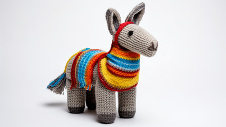 a colorful knitted donkey with a vibrant blanket, reminiscent of the artistic styles of petrina hicks, patricia piccinini, and mandy disher. this unique creation showcases horizontal stripes and the skillful use of fabric, resulting in a symbolist masterpiece that captures the essence of sharpprickly's imaginative designs. ai generatedの素材