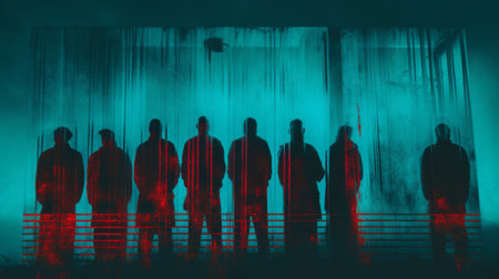 the photo showcases a highly detailed and realistic x-ray of four dark figures standing back to back. the furious redcoat, blacks, powder blue, and mint colors create a striking contrast. the image has a 4k resolution and captures the essence of the 90's alternative shoegaze scene. the glowing neon flare adds a touch of intrigue, while the dirty pool and tongue ooze a sense ofの素材