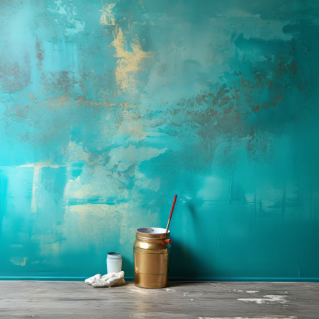 a turquoise painted wall is showcased on a table, accompanied by an array of tools. the golden palette and translucent water add to the urban minimalism of the scene. the organic and fluid elements create a vibrant and exaggerated atmosphere, enhanced by the bronze patina. the overall effect is an ethereal and dreamlike atmosphere. ai generatedの素材