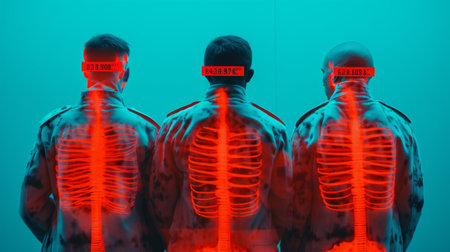 the photo showcases a highly detailed and realistic x-ray of four dark figures standing back to back. the redcoat, blacks, powder blue, and mint colors create a vibrant contrast against the dirty pool. with a glowing neon flare and a touch of 90's alternative vibe, this 4k polaroid film captures the essence of the "furious" shoegaze scene. the image oozes a sense of intrigue andの素材