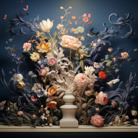 the vase, adorned with an array of vibrant flowers and delicate leaves, captures the essence of baroque chiaroscuro drama. this dreamlike installation showcases detailed wildlife and photographically detailed portraitures, all bathed in rococo pastel hues. the composition evokes the opulence of the baroque era, with a captivating blend of dark navy and light gray tones. ai generatedの素材