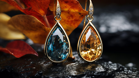 colorful crystal drop earrings with gold plating, resembling dark aquamarine and dark amber, captured by peter coulson with a nikon d750. the earrings showcase a stunning combination of dark indigo and light gold, creating realistic still lifes with dramatic lighting. bess hamiti's light gold and silver touch adds an elegant touch to the composition. ai generatedの素材