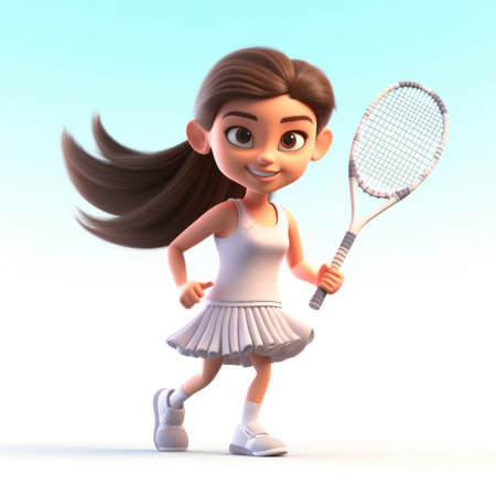 a playful cartoon illustration of a female tennis player holding a tennis racket. the illustration is done in the style of vray tracing, reminiscent of the works of bill gekas. the light white and childlike illustrations give it a charming and whimsical feel. this princesscore artwork captures the essence of a tennis player in a fun and delightful way, reminiscent of the works of fernandoの素材