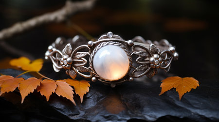 moonstone moon jewelry: this image showcases a stunning piece of ancient cymru jewelry, featuring a moonstone. inspired by nature, this art nouveau style accessory captures the essence of edwardian beauty with its light silver and orange tones. the helios 44-2 58mm f2 lens beautifully captures the darkly romantic realism of this norwegian-inspired design, while the exquisite lighting adds a touch of enchantment. ai generatedの素材