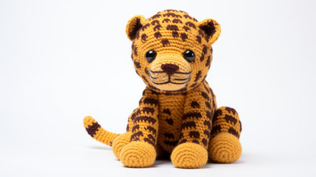 a small knitted jaguar stuffed animal is showcased against a white background. this adorable toy features african-inspired patterns in a dark yellow color. the close-up shot highlights the intricate dotted, knitted, and crocheted details, giving it a tangible texture. this is the 1st version of the toy. ai generatedの素材