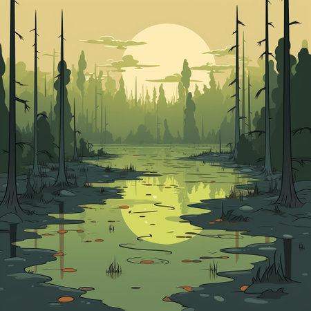 a cartoon illustration of a swamp, featuring dense trees and overgrown weeds. the illustration is done in a unique style, combining light cyan and light amber colors. the dark reflections add depth to the image, while the forestpunk and comic book influences give it a distinct character. the overall color palette consists of light green and light amber tones, creating a vibrant and captivating illustration.の素材