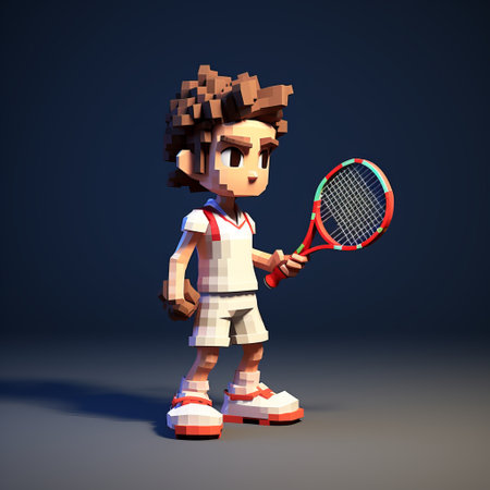 a pixel art illustration of a tennis player holding a tennis racket, rendered in the style of adorable toy sculptures. this artwork, created by yosuke ueno, showcases a white sculpted figure with intricate details, lit up in a captivating manner. the use of unreal engine and cinema4d brings a unique and visually appealing touch to this charming depiction. ai generatedの素材