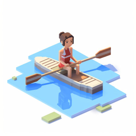 a cartoon 3d flat isometric water person is seen rowing a kayak, showcasing a unique style influenced by ancient chinese art. this interactive piece combines elements of womancore, voxel art, site-specific work, grit and grain, and romantic illustration, creating a visually captivating and engaging composition. ai generatedの素材