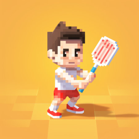 a boy holds a tennis racquet in a pixel art image, featuring playful character design and a voxel art style. the image showcases a mori kei-inspired aesthetic with light red and white colors. the background consists of spiky mounds, and the scene is illuminated by studio light. the overall composition creates a cartoon-like mis-en-scene. ai generatedの素材