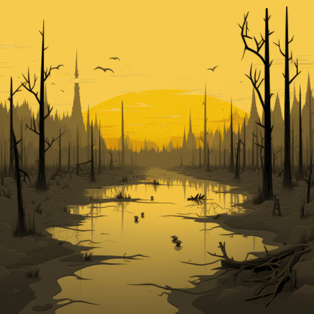 a zombie-infested deserted world landscape is depicted in this vector artwork. the image showcases a forest with a skyline and a sun rising in the background. the style of the painting is referential, resembling a dark yellow, clear and precise bird art. the water is hyper-realistic, with reflections reminiscent of late 19th-century prehistoricore scenes. ai generatedの素材