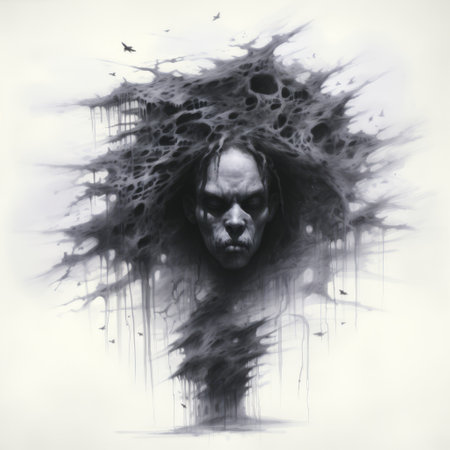 an ethereal portraiture style drawing featuring a skull with the words "halloween" written on it. the artwork showcases jagged edges and a realistic portrait painter's touch. the dark gray tones create a mist-like effect, adding to the eerie atmosphere. the drawing also includes naturalistic bird portraits, merging elements of nature with the haunting theme. ai generatedの素材