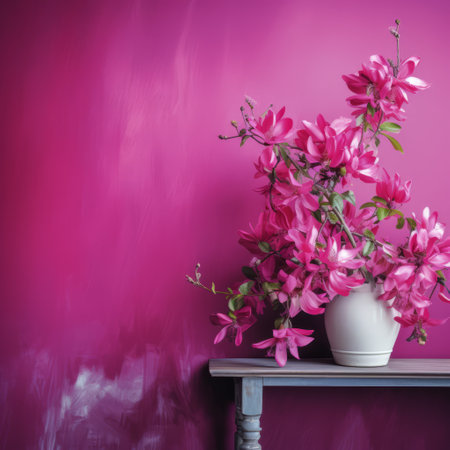 wooden table with flowers on top, placed against a vibrant purple wall. this composition draws inspiration from monochromatic masterpieces, featuring a dark pink color palette reminiscent of impressionist art. created by veronika pinke, the arrangement showcases bold chromaticity and delicate porcelain elements, with color gradients adding depth and visual interest. ai generatedの素材