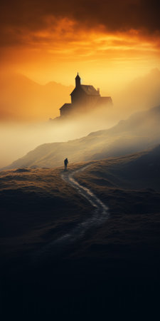 a man walks through the fog near a church, surrounded by gravity-defying landscapes. the dark gold and orange hues create a swiss-style atmosphere, while the backlit photography adds a touch of drama and romance. this photo showcases a photo-realistic landscape with nature-inspired imagery. ai generatedの素材