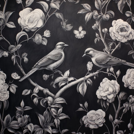 birds perched on a tree branch, depicted in the striking style of grisaille. this hyperrealistic mural showcases meticulous detail and dynamic chiaroscuro, bringing the monochromatic imagery to life. the birds stand out against the intricate floral motifs, creating a captivating and realistic scene. ai generatedの素材