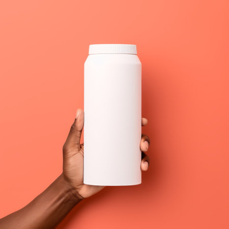 black woman holding an empty bottle of medicine on an orange background. the photo features a minimalist style with light pink and white colors. the large format lens captures the clean-lined, texture-based details of the minimalist ceramics in light red and white. ai generatedの素材