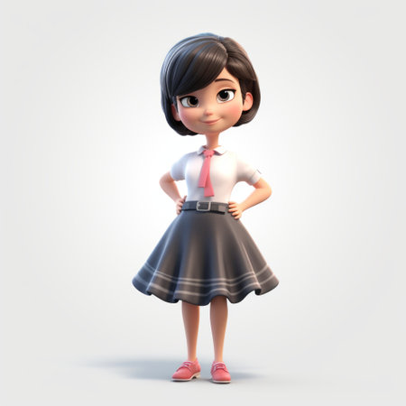 a 3d girl wearing a school uniform is depicted in this detailed character design. the girl stands against a white background, showcasing the intricate details of her outfit. the image is in uhd quality, with a color palette of light pink and dark gray. the character design has a cartoonish style, reminiscent of traditional vietnamese aesthetics. the photo has a nostalgic feel, resembling the lookの素材