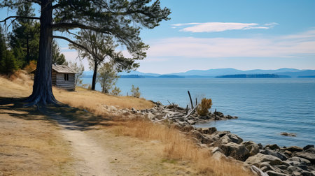 the photo captures a trail that winds its way towards a serene lake, eventually leading to a charming wooden cabin. the scene is reminiscent of muted seascapes, with a light sky-blue and gold color palette. the coastal views are truly majestic, offering a glimpse of the harbor and showcasing historical imagery. the sweeping seascapes are beautifully captured with an olympus xa camera. ai generatedの素材